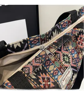 Detail of ethnic woven tote bag showing smooth metal zipper and colorful geometric patterns