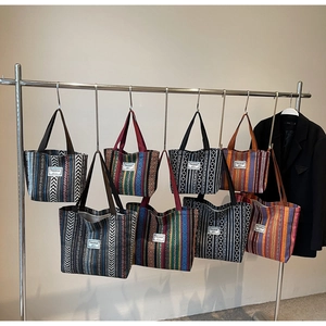 Detail of ethnic canvas tote bags showing geometric patterns and woven straps