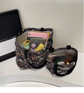 Ethnic woven tote bags in two sizes showing large capacity with daily essentials