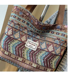Macro shot of Bohemian woven tote bag showing detailed geometric patterns and brand label