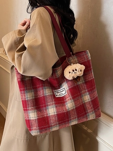 Large capacity red and grey plaid tote bag with wide strap and plush pendant