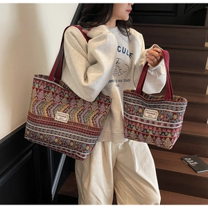Detailed view of ethnic woven tote bags with colorful patterns and dual woven handles