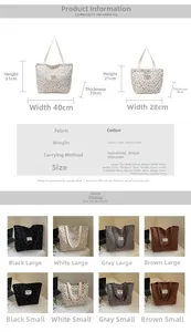 Size chart showing large and small tote bags in black, white, grey and brown colors