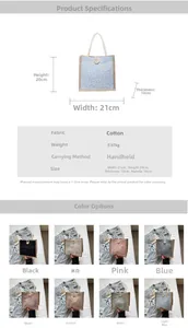 Detailed size chart for linen lunch bag showing 21x20x10cm dimensions and color options