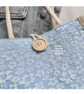 Detail of light blue floral linen tote featuring wooden button closure and cotton rope handle