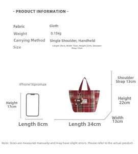 Size guide for red plaid tote bag showing dimensions and iPhone 16 Pro Max comparison