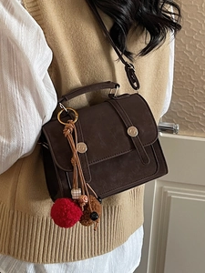 Borsa a Tracolla Piccola Quadrata in Pelle PU da Donna Retrò Borsa a Mano Minimalista Urbana Vintage Con Ciondolo Pom Pom