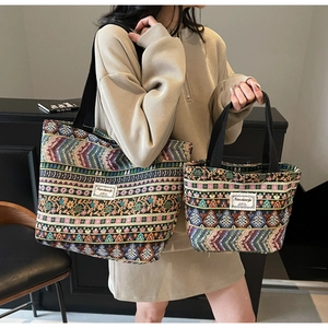 Ethnic style jacquard tote bags showing the size comparison of large and small versions