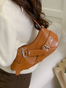 Vintage PU Leather Underarm Bag For Women Minimalist Buckle Hobo Bag With Puppy Charm Retro Shoulder Bag For Daily Use