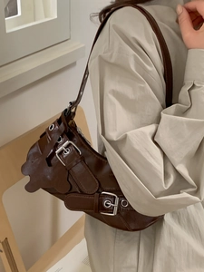 Chocolate brown faux leather shoulder bag with metallic rings and bear shaped flap