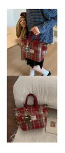 Close-up of red plaid tweed tote bag with fuzzy monster charm and branded label