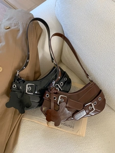 Vintage crescent underarm bag in black and brown faux leather with puppy charm