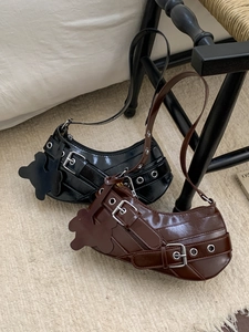 Retro punk black and brown shiny leather hobo bags with metal buckles and bear charms