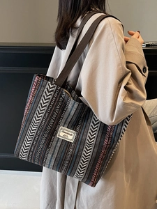 Women Ethnic Woven Tote Bag Large Capacity Canvas Shoulder Bag Vintage Geometric Pattern Commuter Handbag Bohemian Style Shopping Bag