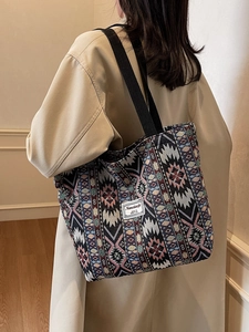 Sac Fourre-Tout en Toile Jacquard de Style Bohémien Ethnique Grande Capacité Motif Tribal Géométrique Sac à Épaule Femme Polyvalent