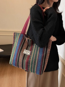 Ethnic style woven tote bag with colorful geometric patterns and large capacity design