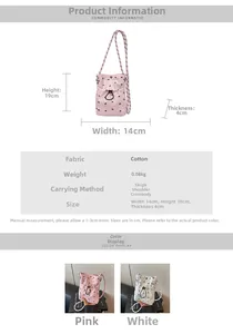 Pink quilted fabric phone bag with drawstring closure and black bird patterns