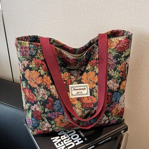 Grand sac cabas en toile jacquard à motifs floraux avec anses rouges robustes