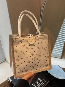 Sac Cabas Vintage en Lin de Coton pour Femme Imprimé Cœur et Nœud Petit Sac à Main Fermeture à Bouton Poignée en Corde