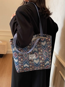 Grand sac cabas tissé style ethnique avec motifs géométriques colorés pour femme