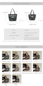 Size chart showing large and small canvas tote bags with dimensions and specifications