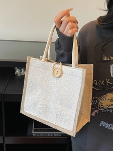 Women Vintage Floral Jacquard Linen Tote Bag Casual Cotton Rope Handle Handbag With Wood Button Small Burlap Lunch Bag