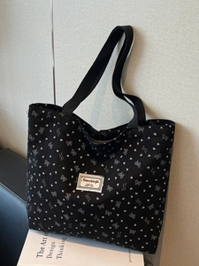 Women Corduroy Tote Bag Bowknot Heart Print Large Capacity Shoulder Bag Casual Commuter Handbag Versatile Zipper Foldable Shopper Bag
