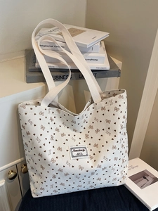 Large corduroy tote bag with brown bows and heart patterns for daily commuting use