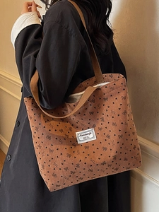 Corduroy Tote Bag For Women Vintage Heart Bow Pattern Large Capacity Shoulder Bag Casual Commuter Handbag
