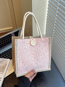 Linen tote lunch bag with pink floral lace details and durable hemp rope handles