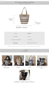 Detailed chart showing size dimensions and ethnic print canvas bucket bag color options