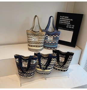 Set of five canvas bucket bags with ethnic geometric prints and durable webbing handles