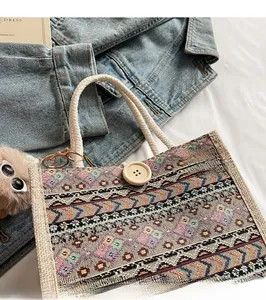Close-up of woven tote bag featuring ethnic patterns and large round wooden button closure