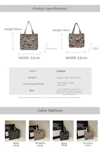 Detailed size guide showing dimensions and weights for bow canvas tote bags