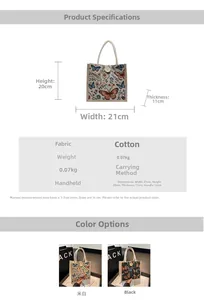 Size chart for canvas lunch tote showing dimensions 21x20x11cm with butterfly prints