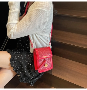 Detail shot of a red woven crossbody bag with gold charm on a fashion model
