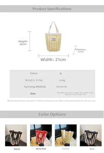Detailed size chart and multi-color vertical striped canvas bucket bags with portable handles