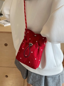 Floral Canvas Small Crossbody Mobile Phone Bag Women Japanese Style Printed Drawstring Rope Strap Shoulder Pouch