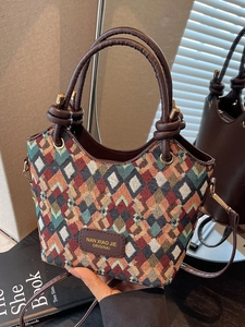 Women Retro PU Woven Bucket Bag Geometric Diamond Grid Crossbody Bag Urban Simple Handbag Versatile Shoulder Bag For Daily Fashion