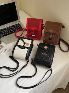 Fashion Women Woven PU Leather Mobile Phone Bag Small Crossbody Bag Quilted Vertical Square Shoulder Bag With Metal Pendant