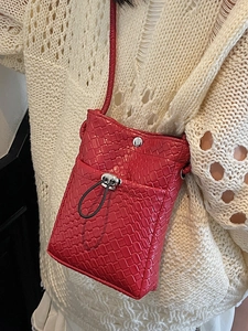 Red woven pattern mini crossbody phone bag for women with silver hardware accents