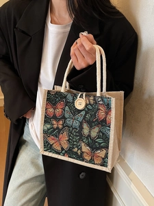 Vintage Butterfly Floral Canvas Handheld Tote Bag Japanese Style Mini Lunch Bag With Wood Button Rope Handle For Women