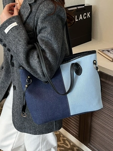 Large capacity colorblock denim tote bag with black leather handles and blue patchwork
