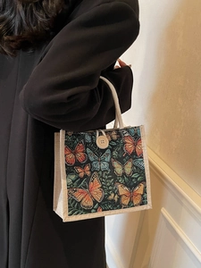 Vintage butterfly embroidery linen handbag with rope handles and wooden button accent
