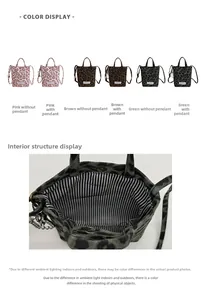 Detail view of leopard print canvas crossbody bags with striped lining and magnetic closure