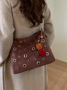 Women Retro PU Suede Texture Shoulder Bag Grommet Hollow Hobo Bag Fashion Casual Daily Tote Bag With Fur Ball Pendant