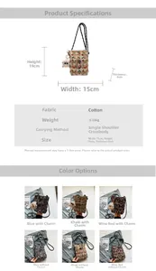 Detailed view of floral pattern crossbody bag with size specs 15x19x4cm and woven strap