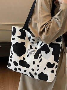 Fashion Cow Print Corduroy Tote Bag Large Capacity Shoulder Handbag Korean Style Casual Commuting Shopping Bag For Women