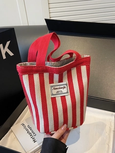 Women Fashion Striped Canvas Bucket Bag Portable Handbag For Daily Commute Casual Vertical Pattern Tote Bag