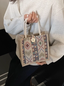Bohemian ethnic pattern woven handbag with thick rope handles and large button closure